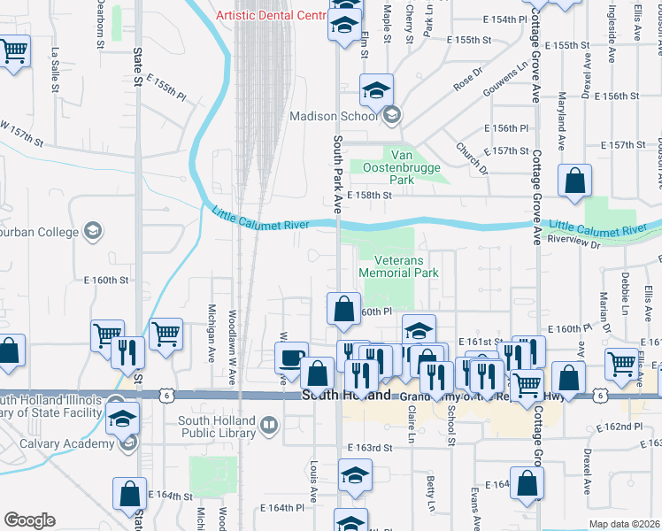 map of restaurants, bars, coffee shops, grocery stores, and more near 15924 Doctor Martin Luther King Junior Drive in South Holland