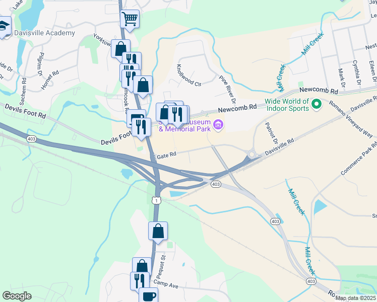 map of restaurants, bars, coffee shops, grocery stores, and more near Gate Road in North Kingstown