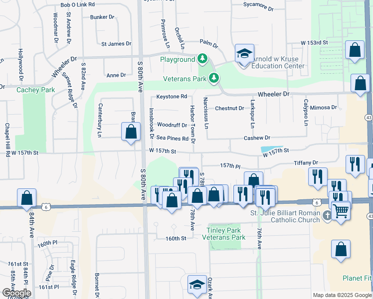 map of restaurants, bars, coffee shops, grocery stores, and more near 7818 West 157th Street in Orland Park