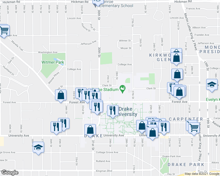 map of restaurants, bars, coffee shops, grocery stores, and more near 1441 29th Street in Des Moines