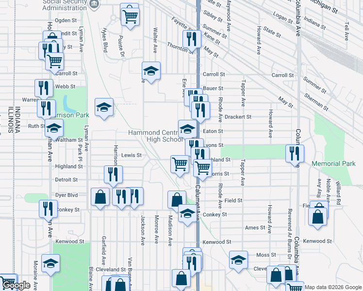 map of restaurants, bars, coffee shops, grocery stores, and more near 5900 Calumet Avenue in Hammond