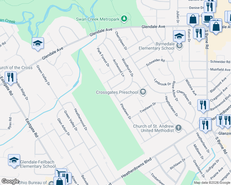 map of restaurants, bars, coffee shops, grocery stores, and more near 1711 Pinelawn Dr in Toledo