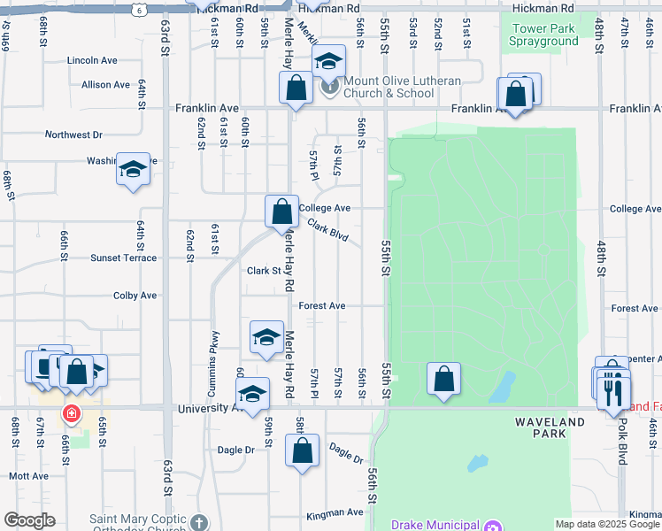map of restaurants, bars, coffee shops, grocery stores, and more near 1438 57th Street in Des Moines