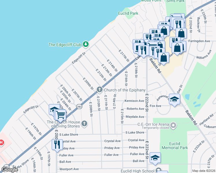 map of restaurants, bars, coffee shops, grocery stores, and more near 21200 Lakeshore Blvd in Euclid