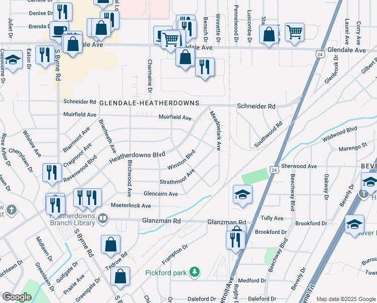 map of restaurants, bars, coffee shops, grocery stores, and more near 1840 Winston Boulevard in Toledo