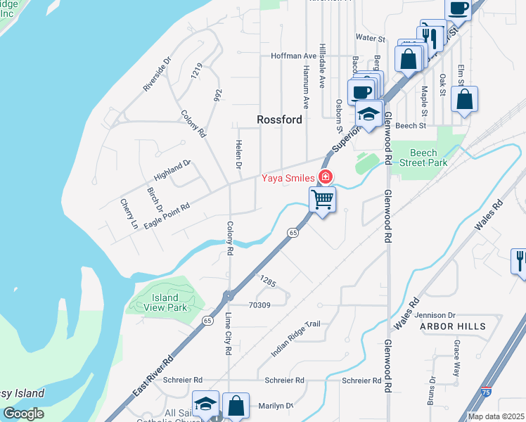 map of restaurants, bars, coffee shops, grocery stores, and more near 333 Hillside Drive in Rossford