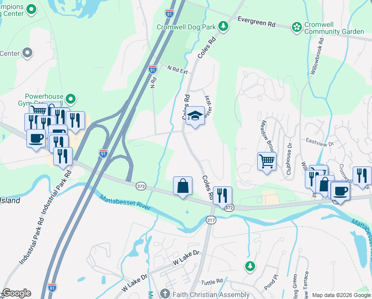 map of restaurants, bars, coffee shops, grocery stores, and more near 28 Coles Road in Cromwell