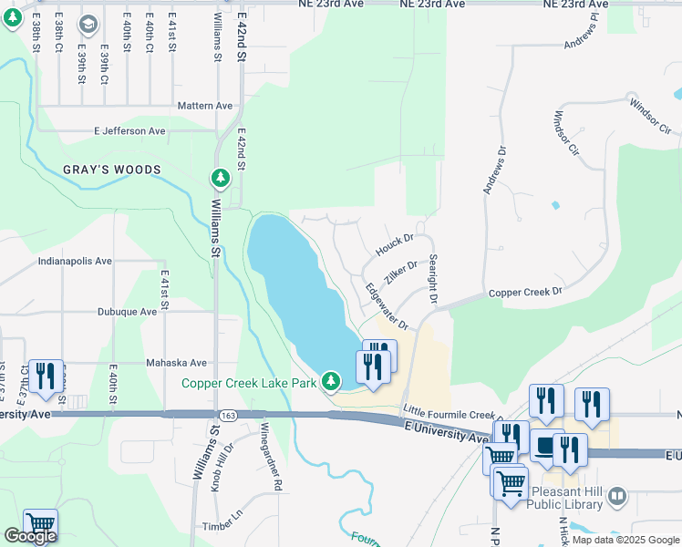 map of restaurants, bars, coffee shops, grocery stores, and more near 1650 Waters Edge Drive in Pleasant Hill