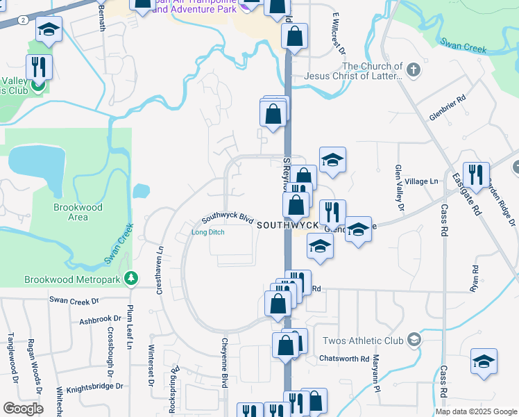 map of restaurants, bars, coffee shops, grocery stores, and more near 5836 Southwyck Boulevard in Toledo