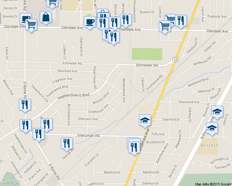 map of restaurants, bars, coffee shops, grocery stores, and more near 1816 Strathmoor Avenue in Toledo