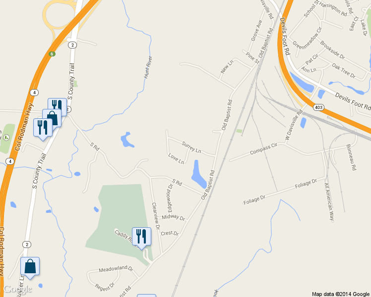 map of restaurants, bars, coffee shops, grocery stores, and more near 74 Surrey Lane in North Kingstown