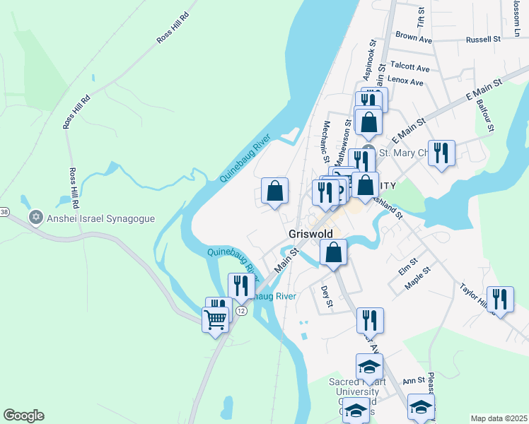 map of restaurants, bars, coffee shops, grocery stores, and more near 30 Anthony Street in Griswold