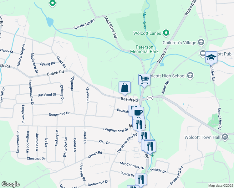 map of restaurants, bars, coffee shops, grocery stores, and more near 55 Beach Road in Wolcott