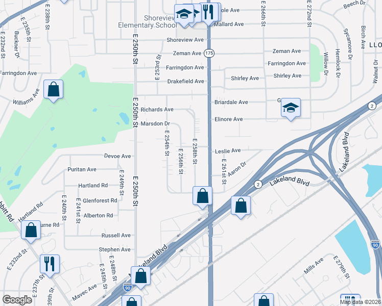 map of restaurants, bars, coffee shops, grocery stores, and more near 801 East 258th Street in Euclid