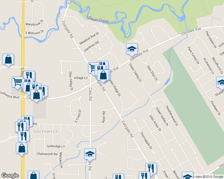 map of restaurants, bars, coffee shops, grocery stores, and more near 1866 Garden Ridge Drive in Toledo