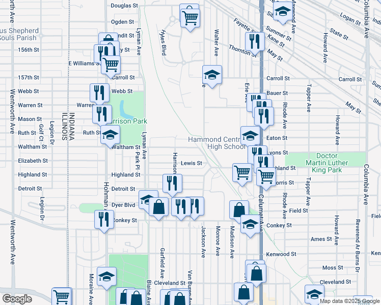 map of restaurants, bars, coffee shops, grocery stores, and more near 540 Waltham Street in Hammond