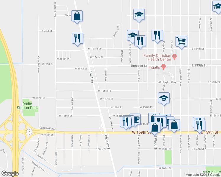 map of restaurants, bars, coffee shops, grocery stores, and more near 197 West 156th Place in Harvey