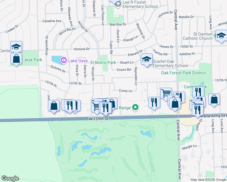 map of restaurants, bars, coffee shops, grocery stores, and more near 15728 Terrace Drive in Oak Forest
