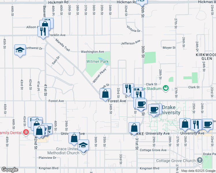 map of restaurants, bars, coffee shops, grocery stores, and more near 1441 34th Street in Des Moines