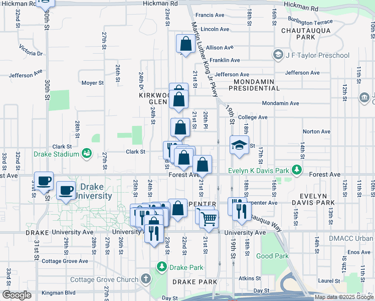 map of restaurants, bars, coffee shops, grocery stores, and more near 1435 22nd Street in Des Moines