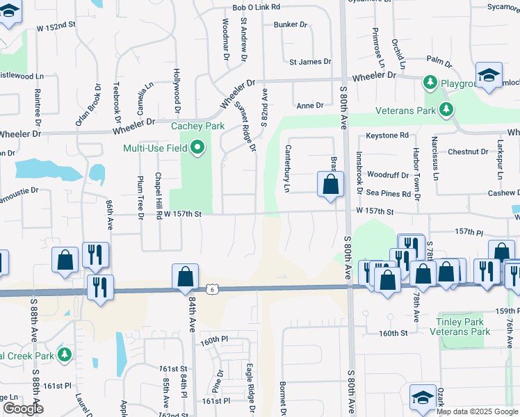 map of restaurants, bars, coffee shops, grocery stores, and more near 15665 Sunset Ridge Drive in Orland Park
