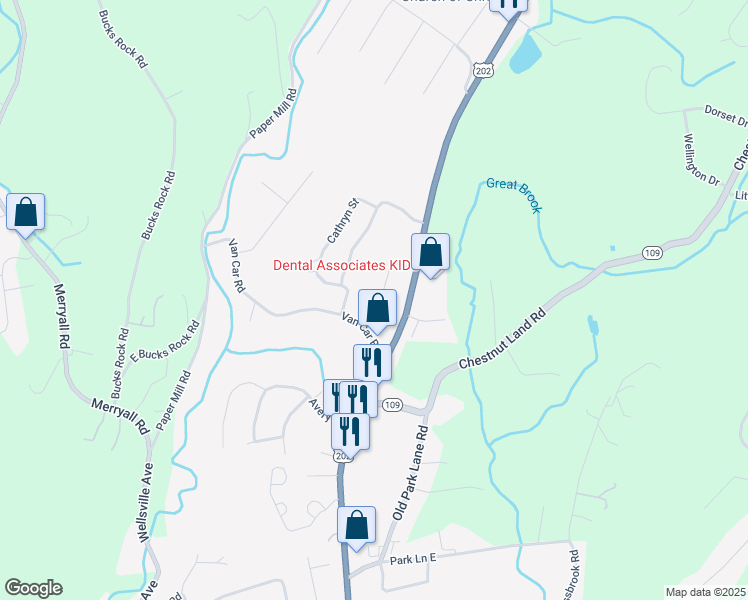 map of restaurants, bars, coffee shops, grocery stores, and more near 25 Belair Drive in New Milford