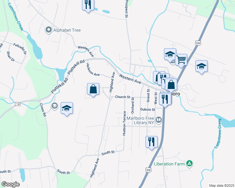 map of restaurants, bars, coffee shops, grocery stores, and more near 40 Church St in Marlboro