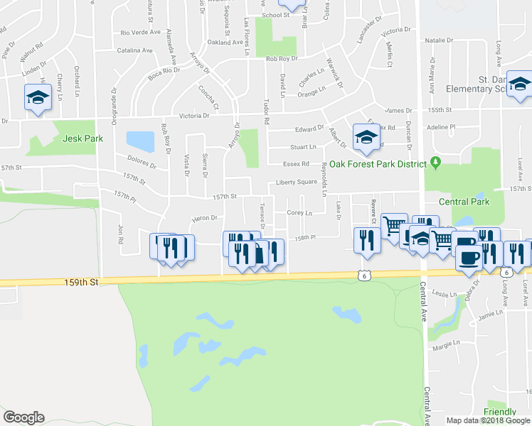 map of restaurants, bars, coffee shops, grocery stores, and more near 15720 Terrace Drive in Oak Forest