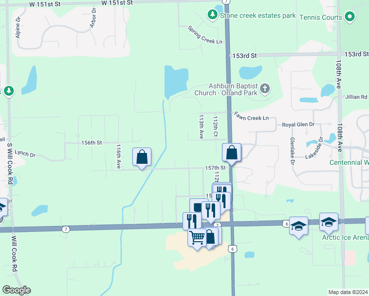 map of restaurants, bars, coffee shops, grocery stores, and more near 15610 113th Avenue in Orland Park