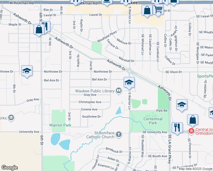 map of restaurants, bars, coffee shops, grocery stores, and more near 115 Waukee Avenue in Waukee
