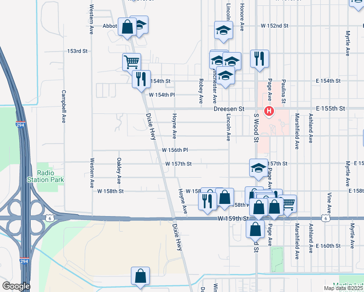 map of restaurants, bars, coffee shops, grocery stores, and more near 197 West 156th Place in Harvey