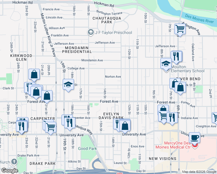 map of restaurants, bars, coffee shops, grocery stores, and more near 1338 Clark Street in Des Moines