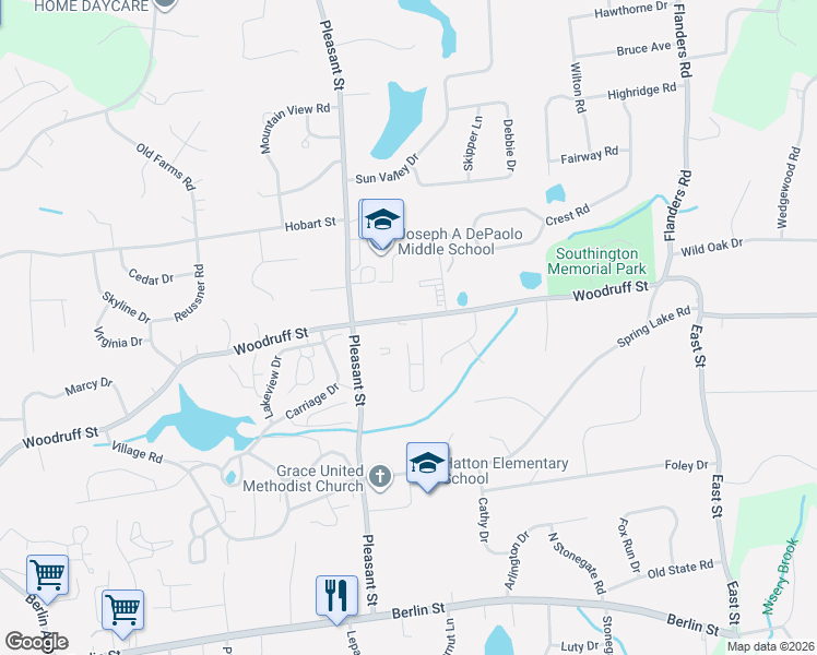 map of restaurants, bars, coffee shops, grocery stores, and more near 587 Woodruff Street in Southington