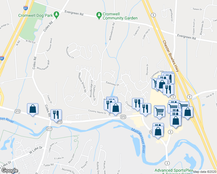 map of restaurants, bars, coffee shops, grocery stores, and more near 14 Hemlock Court in Cromwell