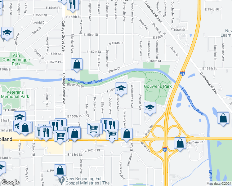 map of restaurants, bars, coffee shops, grocery stores, and more near 15924 Minerva Avenue in South Holland