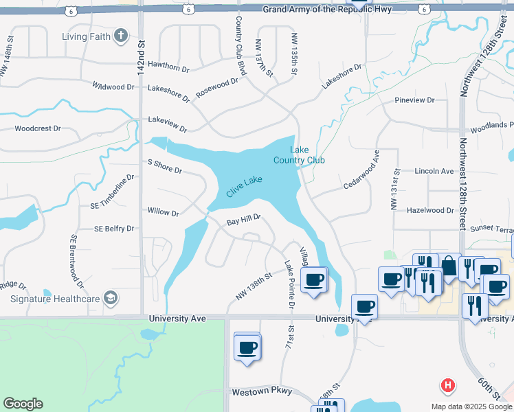 map of restaurants, bars, coffee shops, grocery stores, and more near in Clive
