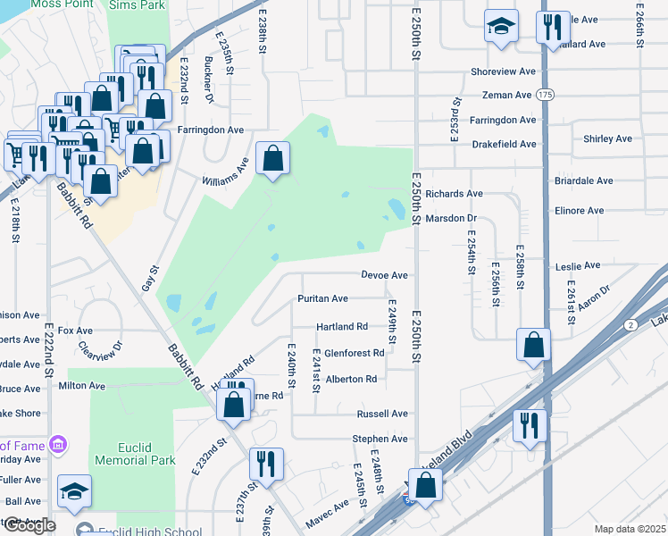 map of restaurants, bars, coffee shops, grocery stores, and more near 24281 Devoe Avenue in Euclid