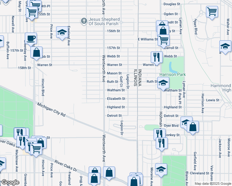 map of restaurants, bars, coffee shops, grocery stores, and more near 113 Waltham Street in Calumet City