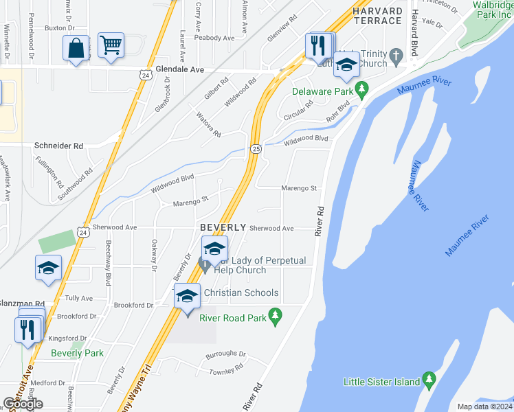 map of restaurants, bars, coffee shops, grocery stores, and more near 2134 Romona Drive in Toledo