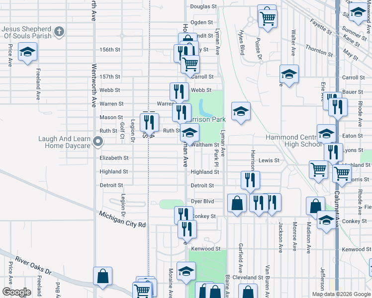 map of restaurants, bars, coffee shops, grocery stores, and more near 5935 Hohman Avenue in Hammond
