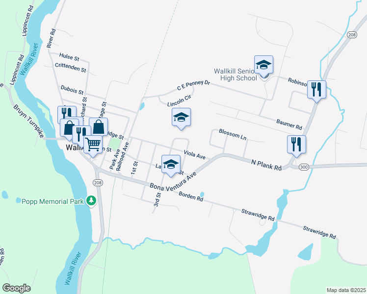 map of restaurants, bars, coffee shops, grocery stores, and more near 135 Viola Ave in Wallkill