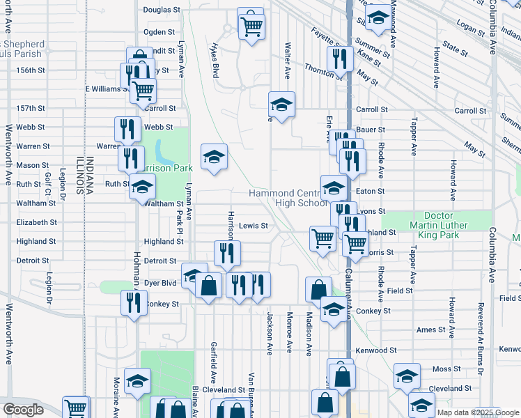 map of restaurants, bars, coffee shops, grocery stores, and more near 540 Waltham Street in Hammond