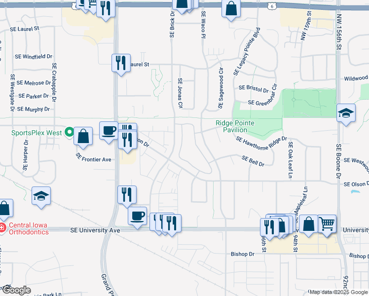 map of restaurants, bars, coffee shops, grocery stores, and more near 1197 Southeast Williams Court in Waukee