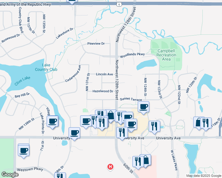 map of restaurants, bars, coffee shops, grocery stores, and more near 12821 Hazelwood Drive in Clive