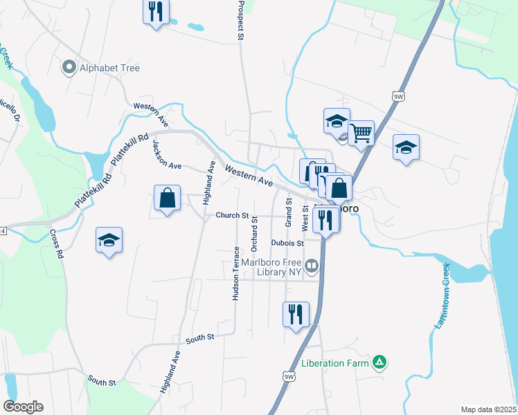 map of restaurants, bars, coffee shops, grocery stores, and more near 6 Orchard Street in Marlboro