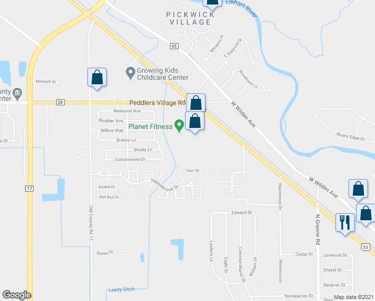 map of restaurants, bars, coffee shops, grocery stores, and more near 2932 Elkhart Road in Goshen