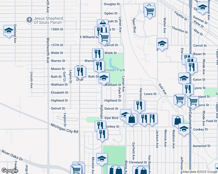 map of restaurants, bars, coffee shops, grocery stores, and more near 5935 Hyslop Place in Hammond