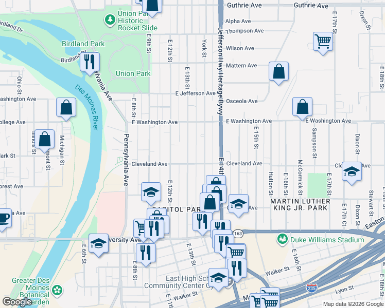 map of restaurants, bars, coffee shops, grocery stores, and more near 1411 East 13th Street in Des Moines