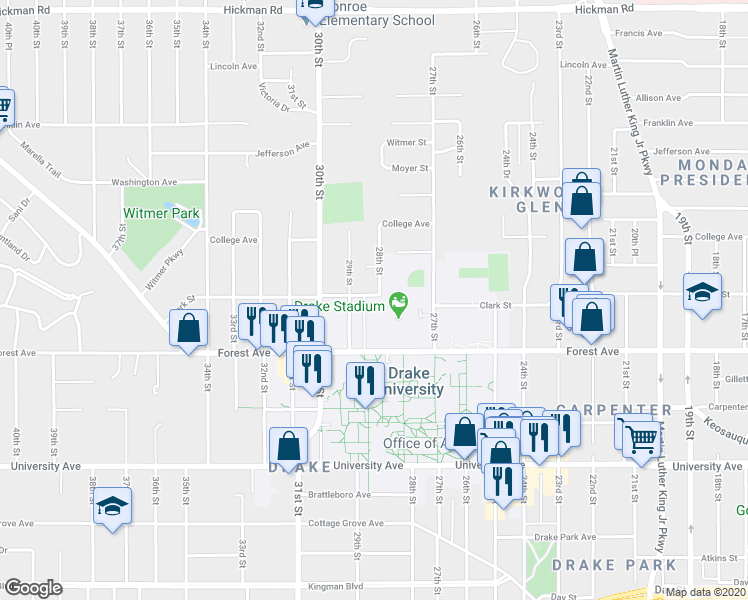 map of restaurants, bars, coffee shops, grocery stores, and more near 1446 28th Street in Des Moines