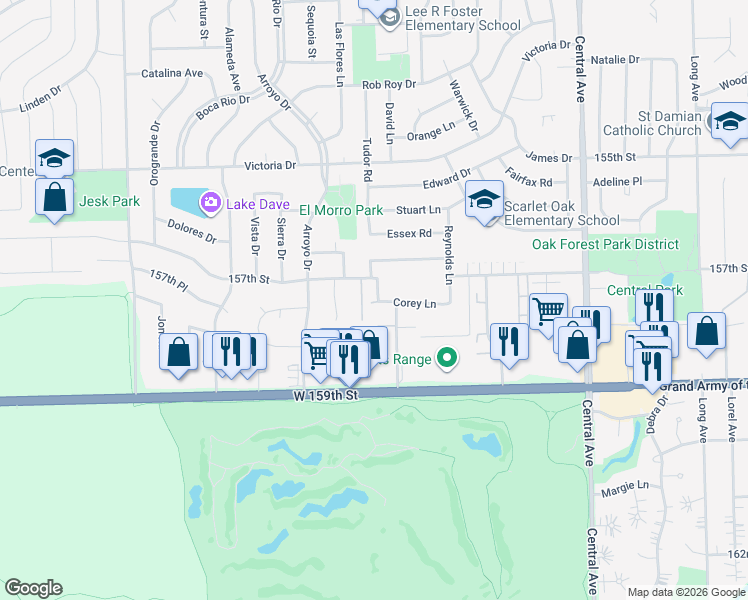 map of restaurants, bars, coffee shops, grocery stores, and more near 15728 Terrace Drive in Oak Forest